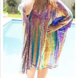 NWT fringe co purple holographic sequin short caftan
